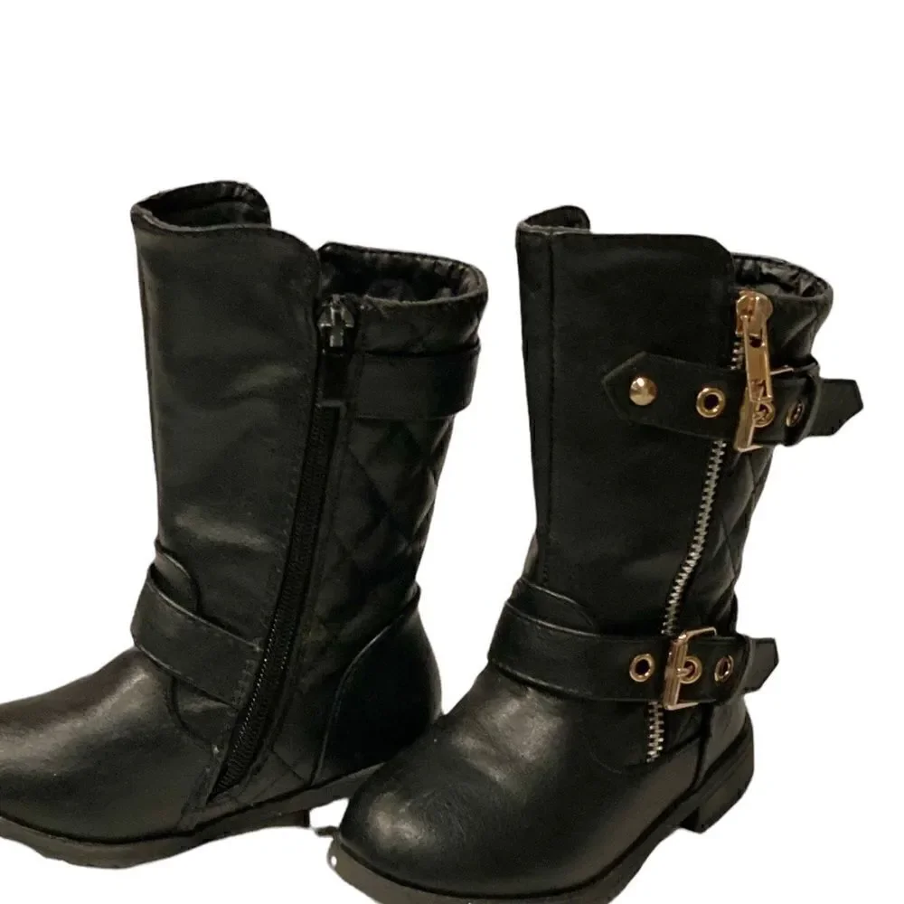 Link Baby Girls Black Dual Buckle/Zip Quilted Black Moto Boots